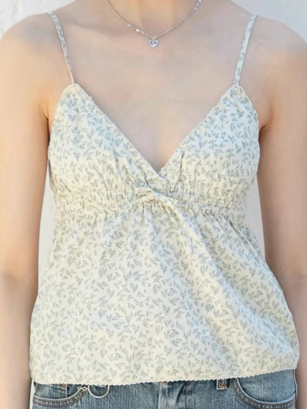 Brandy Melville Cream Floral Smocked Spaghetti Strap Cami